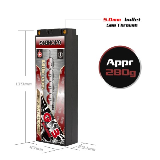 GNB GAONENG 6000MAH 2S 7.4V 140C Plus Hard Case 5.0mm Built-in Bullet Female Connector LiPo Battery 1:10 1/10 Scale RC Car